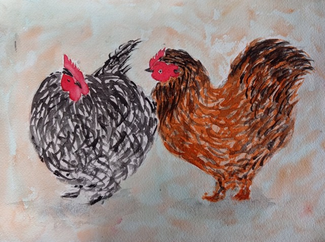 Peinture de deux poules en aquarelle